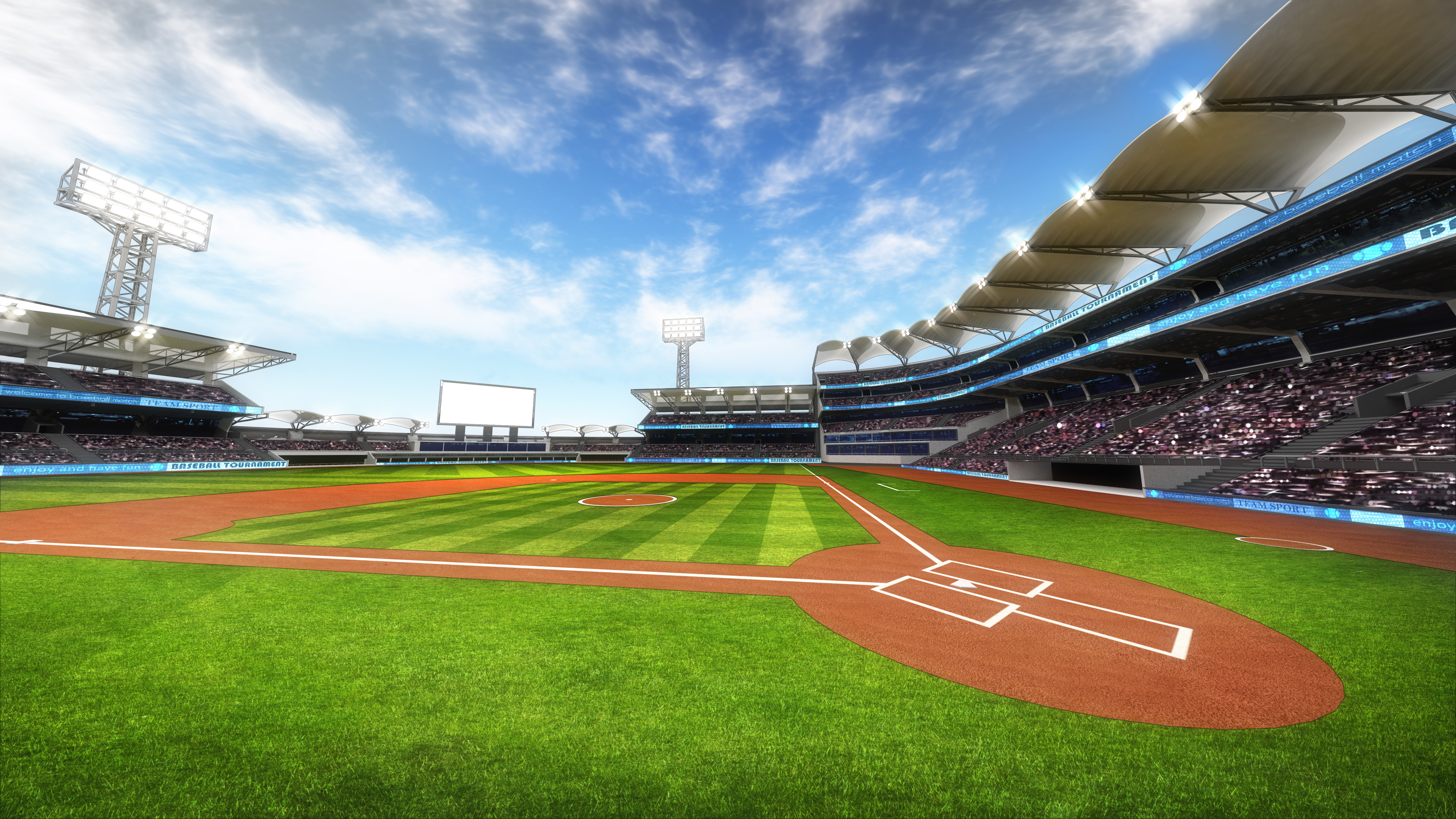 Baseball stadium with fans at sunny weather