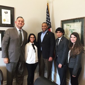 DCCCD students Dragana, Eian and Fabiola and associate vice chancellor Isaac Faz meeting with Congressman Veseay.     