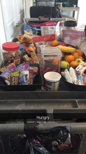 A photo of a snack cart with cookies, candy and granola bars.   
